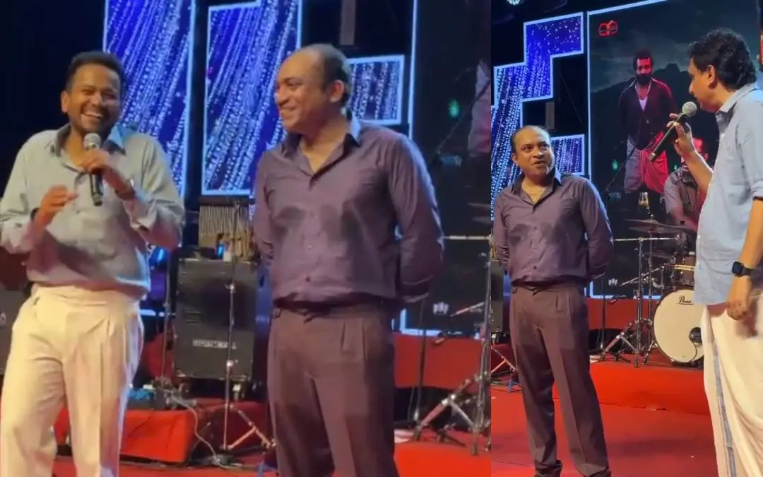 Actors Basil Joseph, Soubin Shahir and Minister Mohammed Riyas addressing the crowd at Beypore Fest. | Screengrabs
