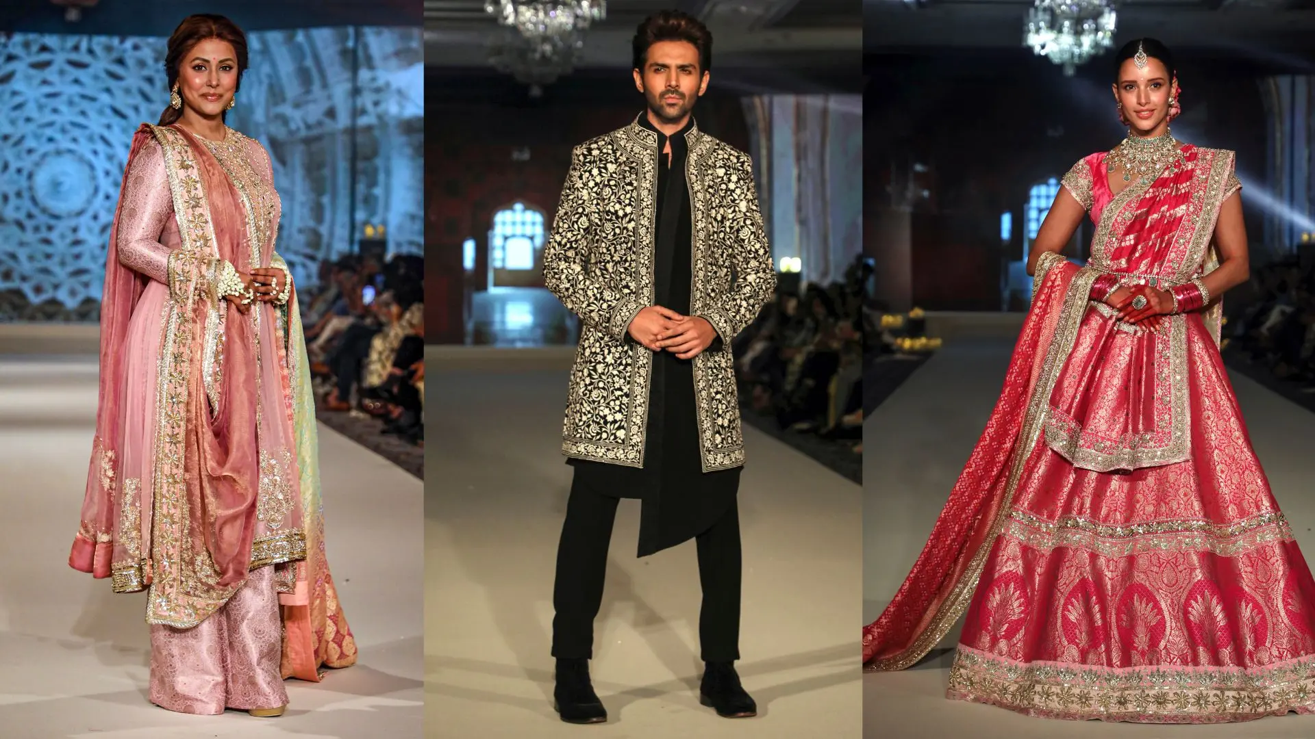 Hina Khan, Kartik Aaryan, Triptii Dimri walks the ramp showcasing a creation of fashion designer Manish Malhotra during an event titled 'Namo Bharat: Walk for Courage, Walk for Service, and Walk for Heritage', in Mumbai | Photo: PTI