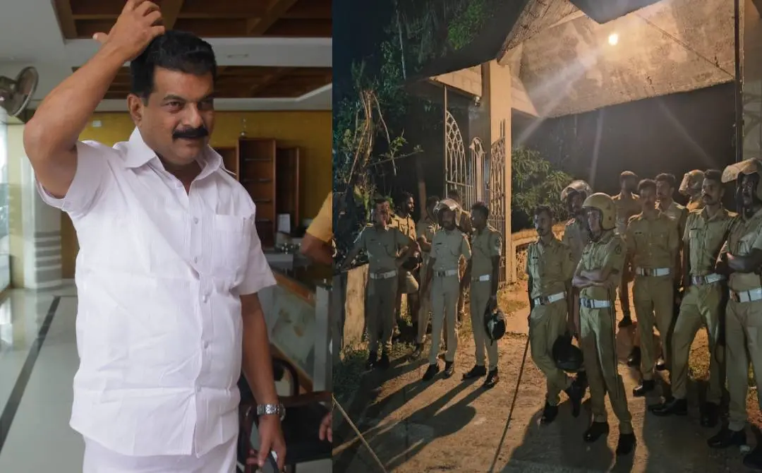 പി.വി. അന്‍വര്‍(ഫയല്‍ചിത്രം, ഇടത്ത്) പി.വി. അന്‍വറിന്റെ വീടിന് മുന്നില്‍ നിലയുറപ്പിച്ച പോലീസ് സംഘം(വലത്ത്)