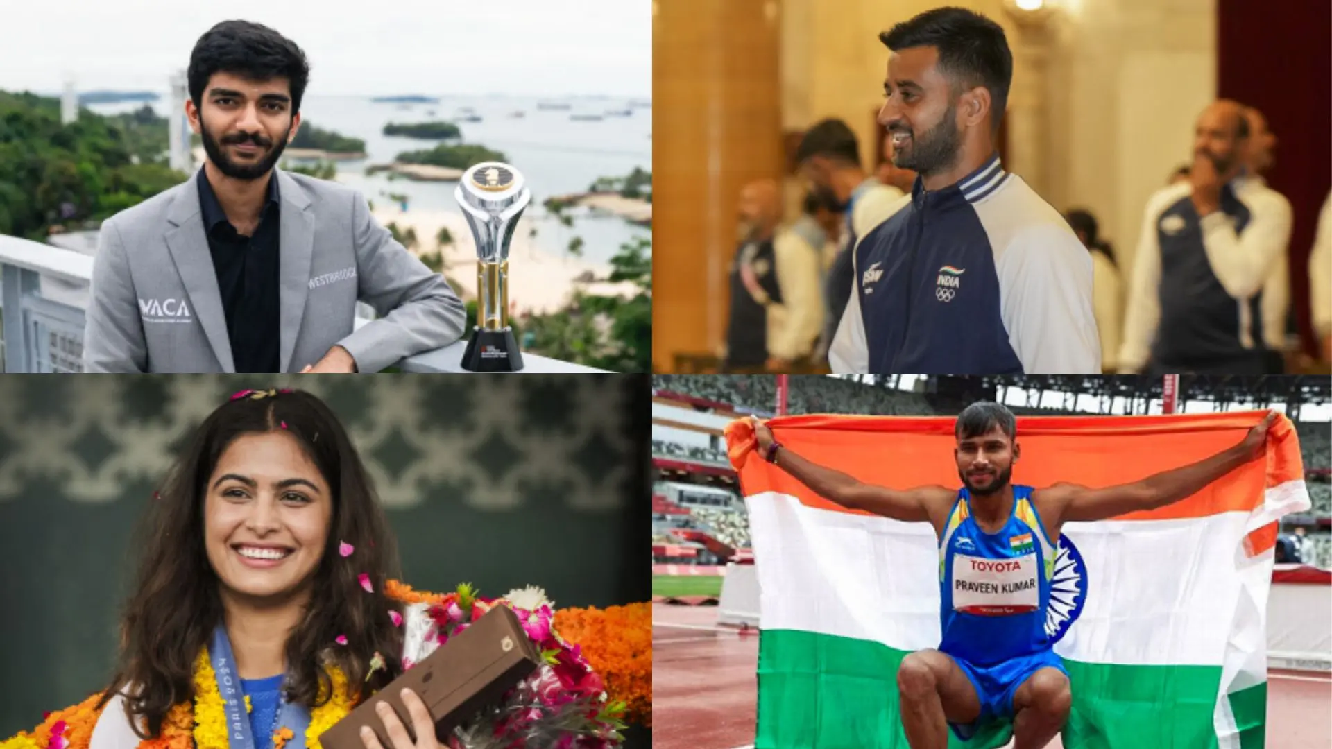 Gukesh, Manu Bhaker (L) Harmanpreet Singh, Praveen Kumar (R)