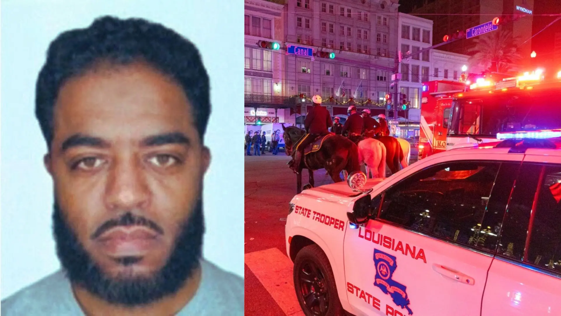 Passport photo of deceased New Orleans terror attack suspect Shamsud-Din Jabbar, New Orleans police and federal agents at the scene | Photos: AFP, AP