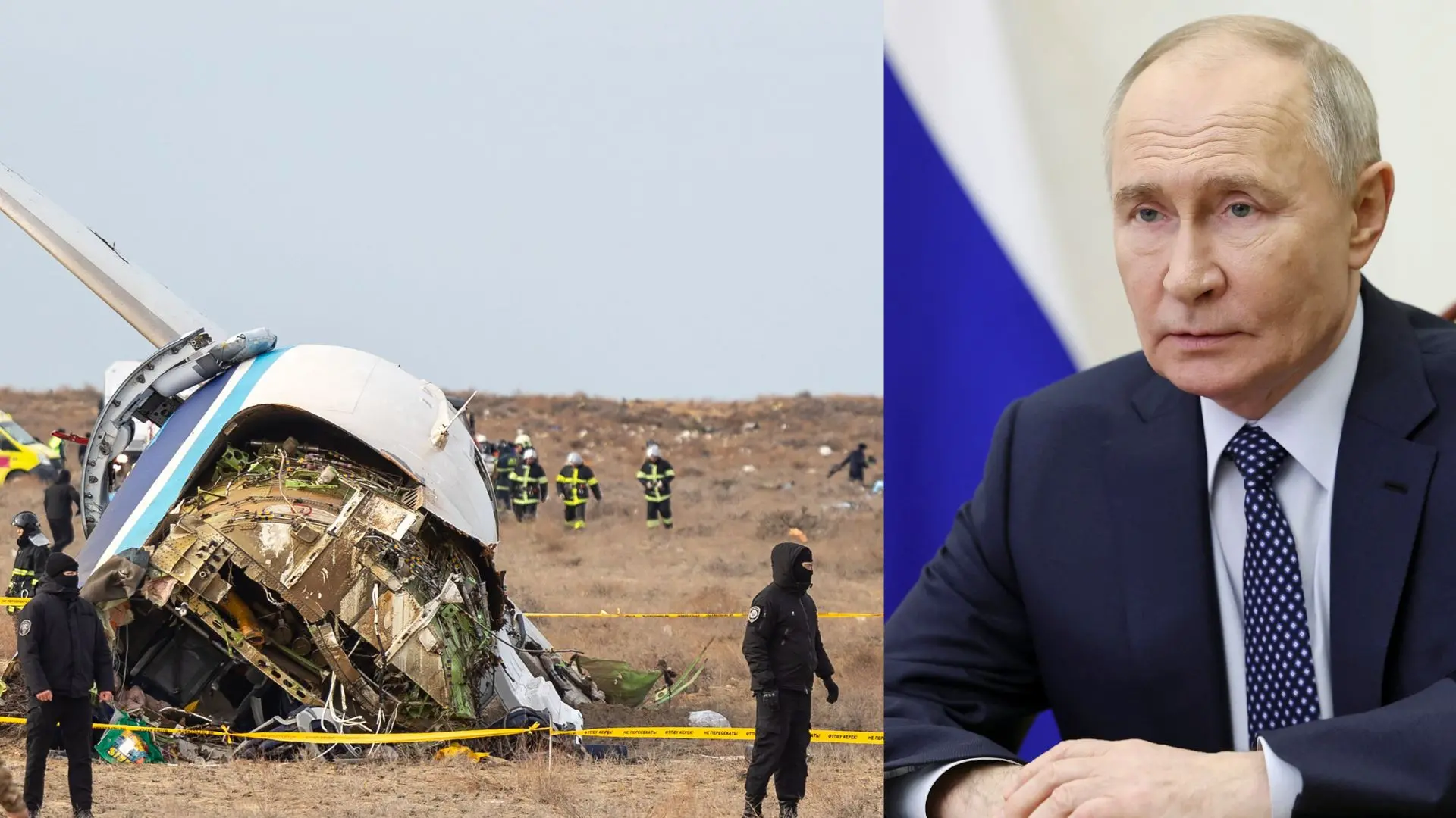 File photo of emergency specialists working at the crash site of an Azerbaijan Airlines; Putin