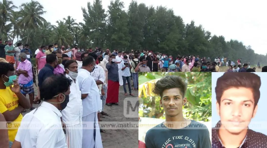Crowd at Blangad beach in Chavkkad on knowing about the accident. Vishnu and Abdul Basith seen in inset