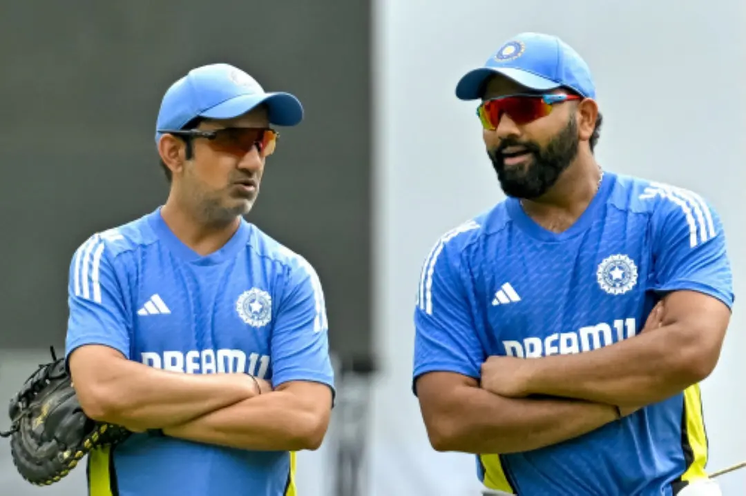 India's head coach Gautam Gambhir (L) and captain Rohit Sharma at a practice session. | Photo: AFP