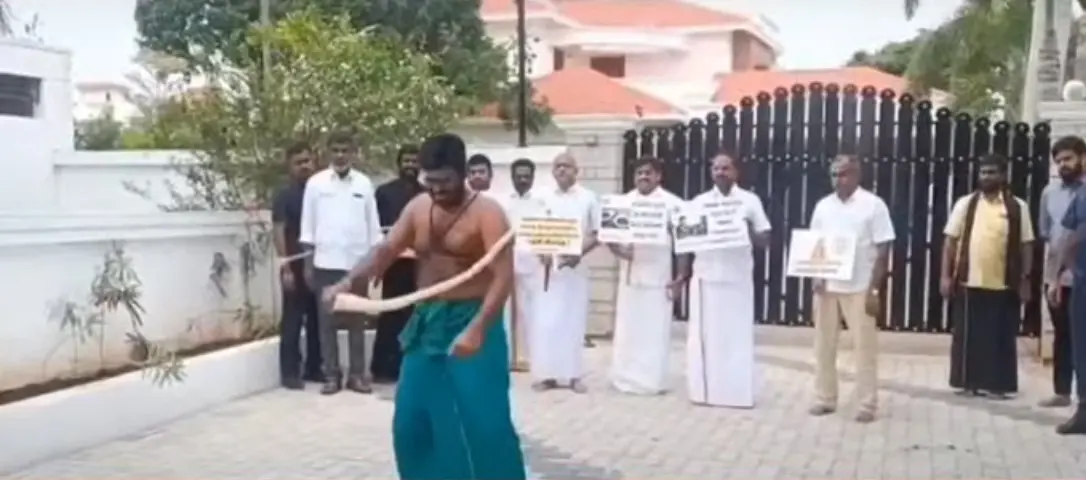 K Annamalai protests against DMK govt by whipping himself.