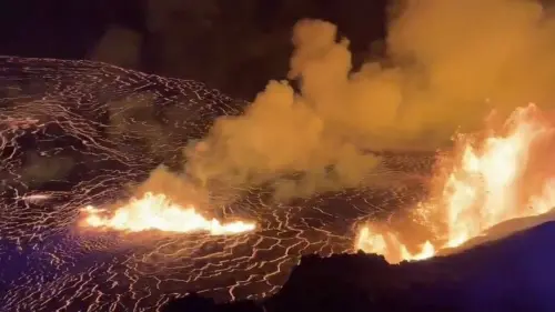 This image from video provided by the U.S. Geological Survey shows a lava lake erupting on the west caldera wall of the Kīlauea volcano in Hawaii, on Monday (USGS via AP).