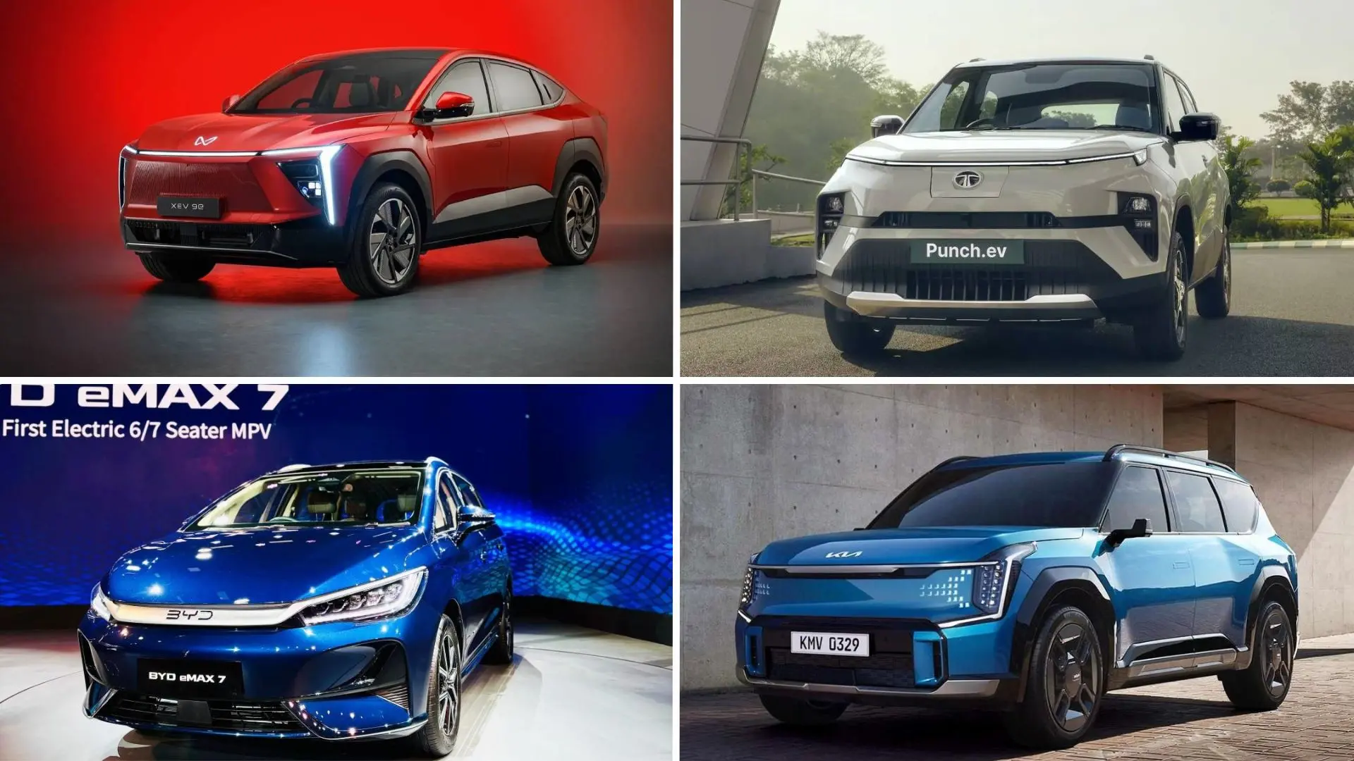 Clockwise from left- Mahindra XEV 9e, Tata Punch EV, Kia EV9 and BYD eMAX7