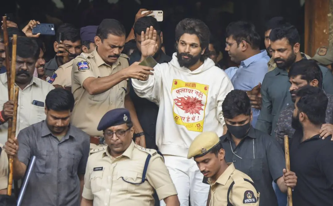 Telugu actor Allu Arjun being taken from Gandhi Hospital after a medical check-up following his arrest in Hyderabad on Friday, December 13,