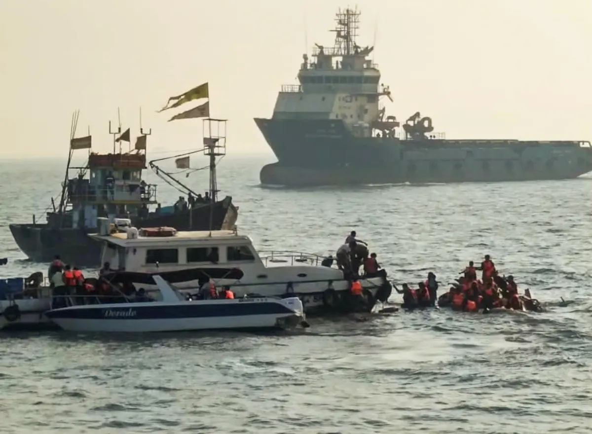 Passengers being rescued after a ferry capsized off the Mumbai coast when a Navy craft crashed into it | Filephoto: PTI