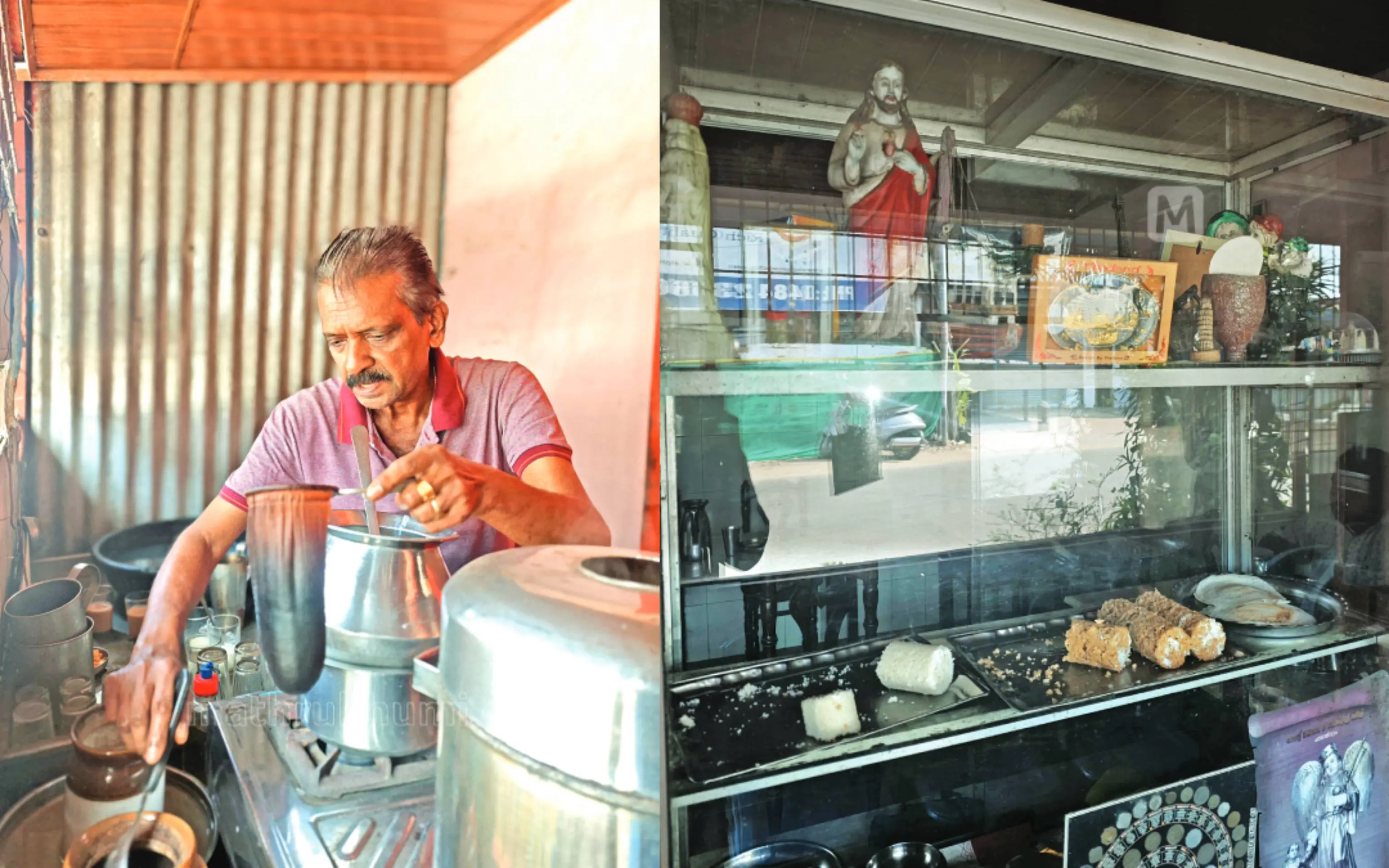 Abraham preparing tea, the top shelf of the tea shop cupboard filled with souvenirs from Abraham's world travels