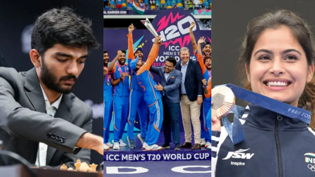 From (L) Gukesh, India lifting World Cup and Manu Bhaker posing with Olympic medal. | Photo: Agencies