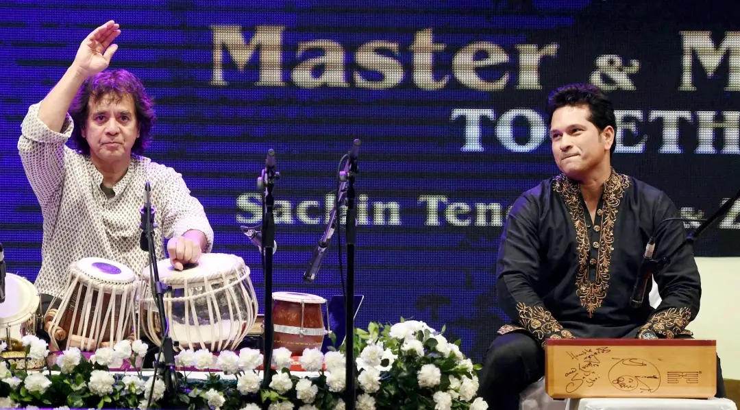 Tabla maestro Ustad Zakir Hussain and former cricketer Sachin Tendulkar during a concert | File Photo: PTI