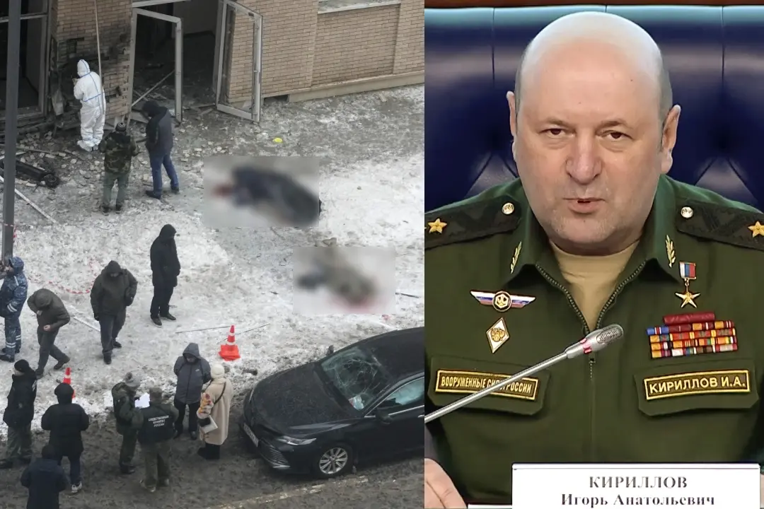 Officials inspecting the spot where Lt Gen Igor Kirillov was found killed; Lt Gen Igor Kirillov