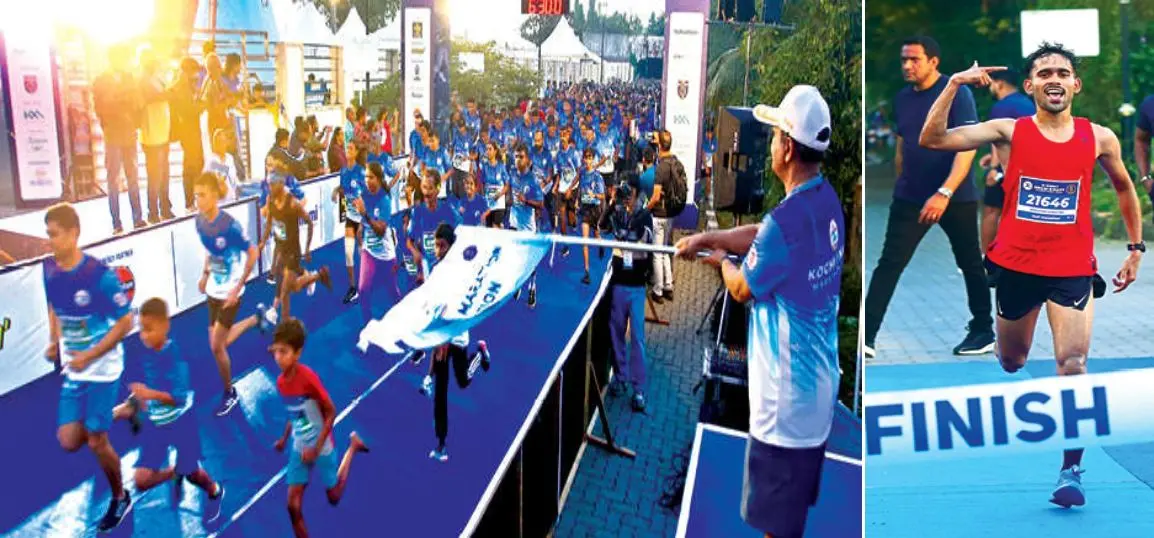 Southern Naval Command Chief, Vice Admiral V. Srinivas flags off the 5 km run at the Kochi Navy Marathon. (2) Muhammad Sabeel from Malappuram finishes first in the 21 km run.