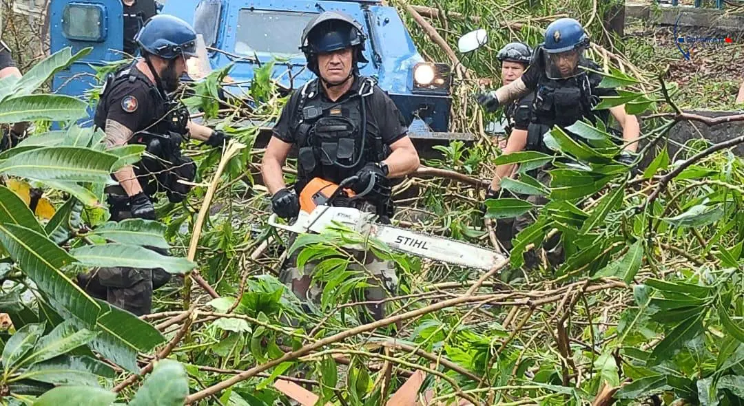 French gendarmes clearing a road blocked by an uprooted tree during a rescue an emergency operation after cyclone Chido hit Mayotte | Photo: AFP