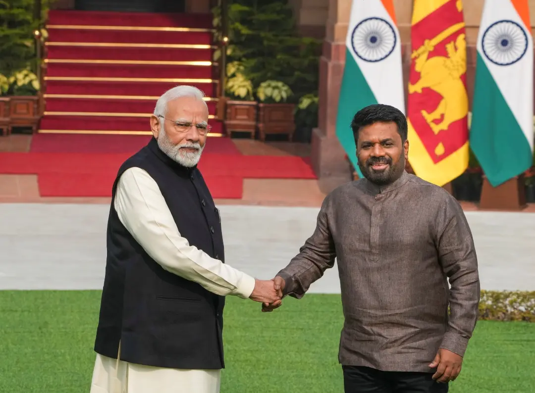 Prime Minister Narendra Modi and Sri Lankan President Anura Kumara Dissanayake shake hands prior to their meeting at the Hyderabad House, in New Delhi, Monday, Dec. 16, 2024.