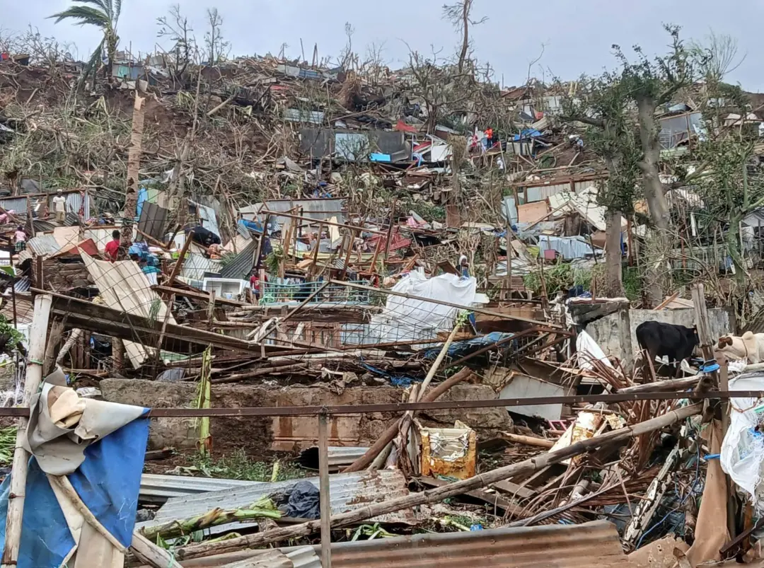 Image of a devastated hill on the French territory of Mayotte in the Indian Ocean, after Cyclone Chido caused extensive damage | Photo: AP