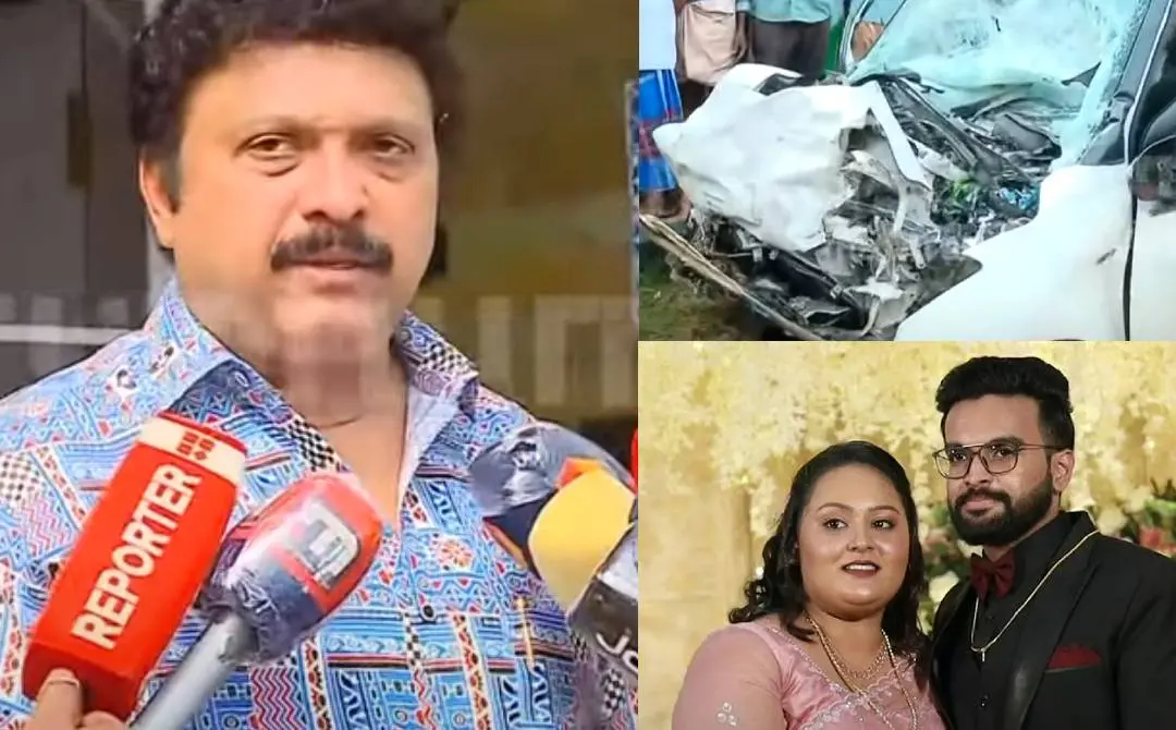 മന്ത്രി കെ.ബി. ഗണേഷ്കുമാര്(ഇടത്ത്) അപകടത്തില് തകര്ന്ന കാര്, മരിച്ച നിഖിലും അനുവും(വലത്ത്) | Screengrab: Mathrubhumi News