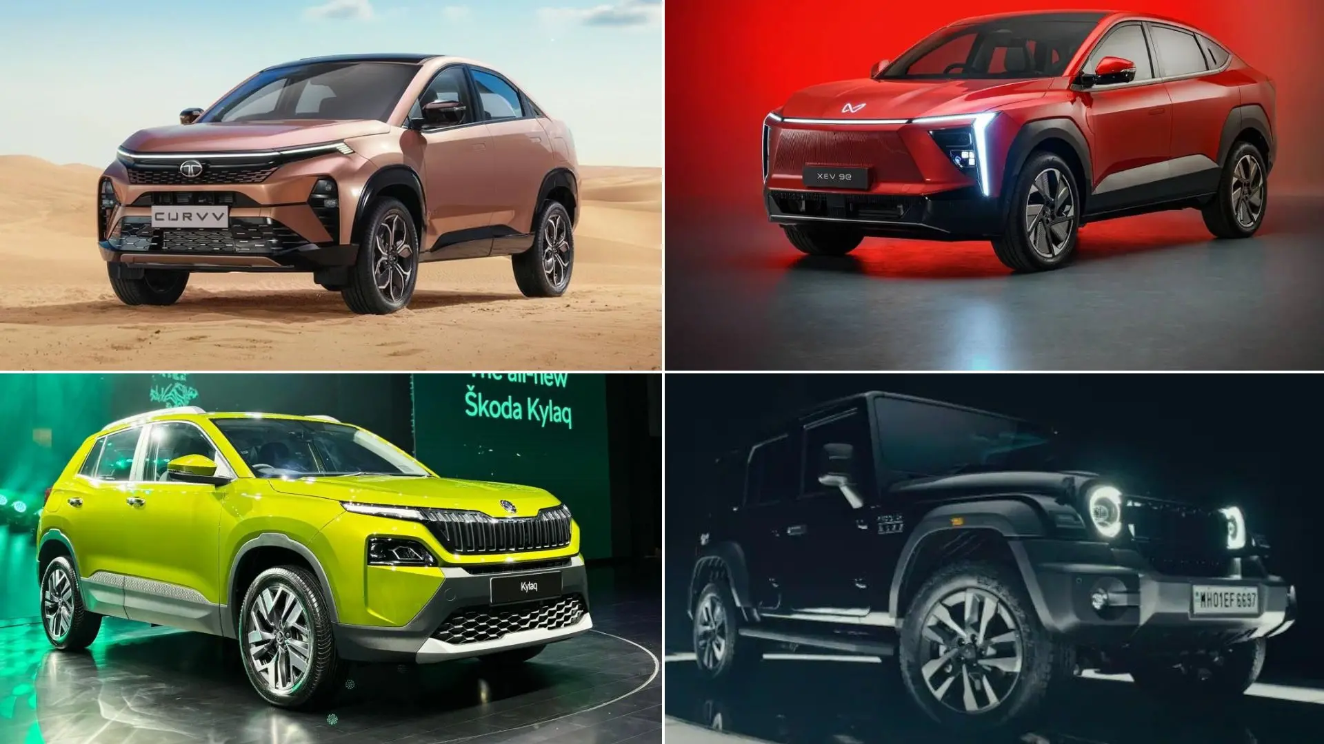 Clockwise from left- Tata Curvv, Mahindra XEV 9e, Mahindra Thar Roxx and Skoda Kylaq