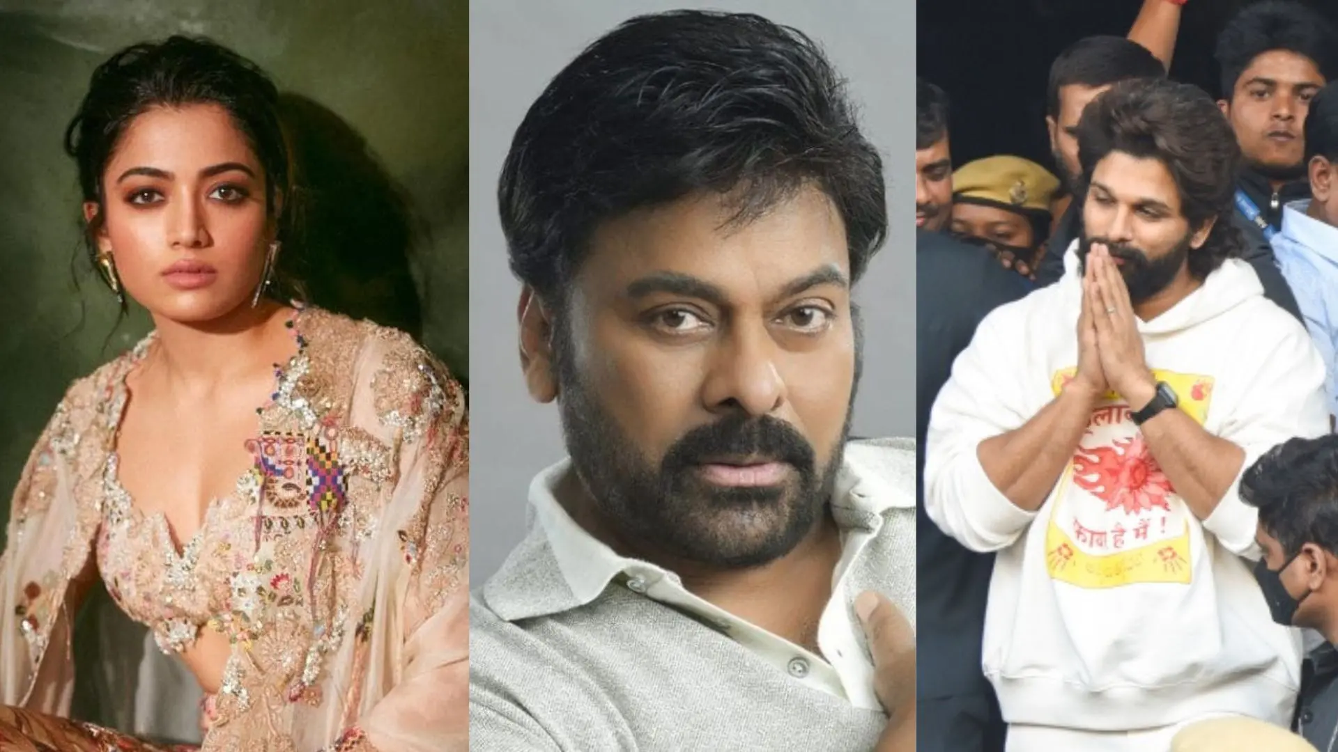Rashmika (L), Chiranjeevi (C) and Allu Arjun (R)