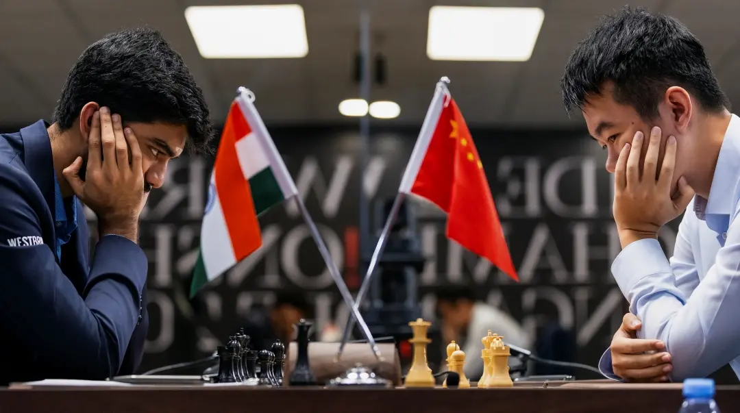 India's Gukesh and China's Ding Liren during the FIDE World Chess Championship 2024 in Singapore.