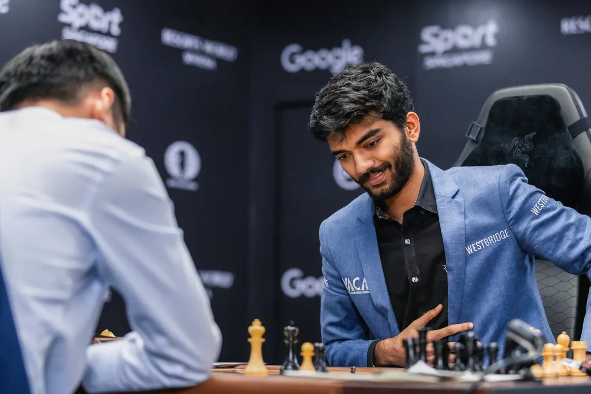 India's D Gukesh during the 14th game of the FIDE World Chess Championship 2024 against China's Ding Liren | Photo: PTI