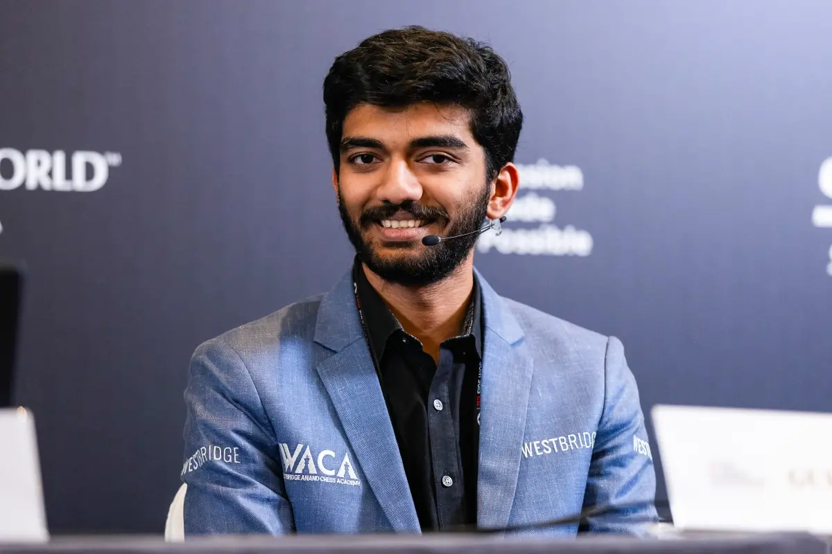 India's D Gukesh addresses the media after beating title-holder China's Ding Liren in the 14th and last game of the FIDE World Chess Championship | Photo: PTI