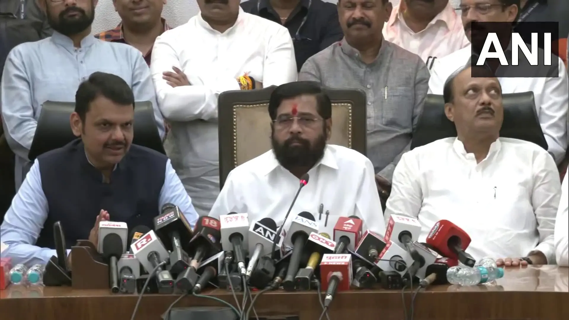 Devendra Fadnavis, Eknath Shinde, Ajith Pawar during press conference | Photo: ANI