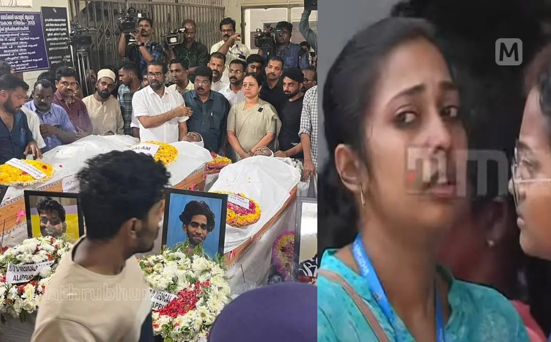 Bodies of the five students placed in the Medical College Library Hall for public viewing (L), a student sobs as the bodies are brought to the campus (R) | Photo: Jaivin Xavier/Mathrubhumi, Mathrubhumi News