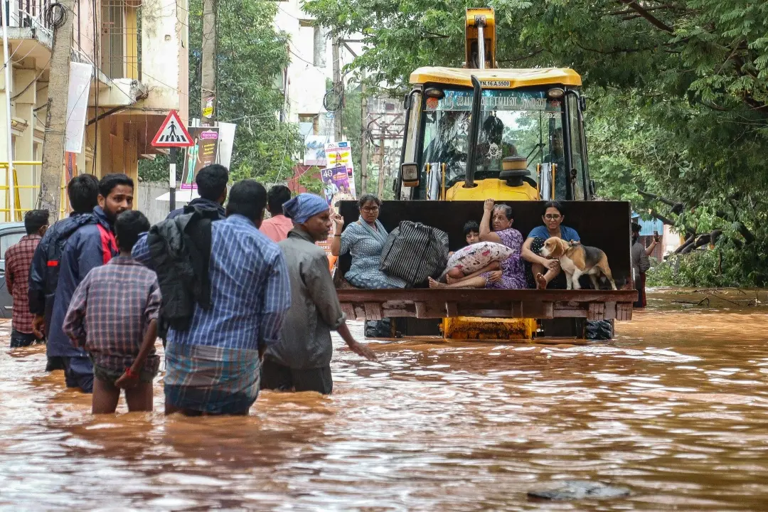 People move through a flooded street after heavy rainfall in Puducherry following the landfall of cyclone Fengal | Photo: AFP