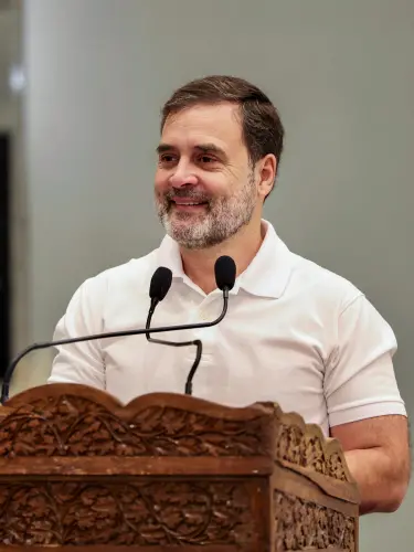Rahul Gandhi addressing the Jammu and Kashmir Congress workers during a meeting in Srinagar on Thursday | Photo: ANI