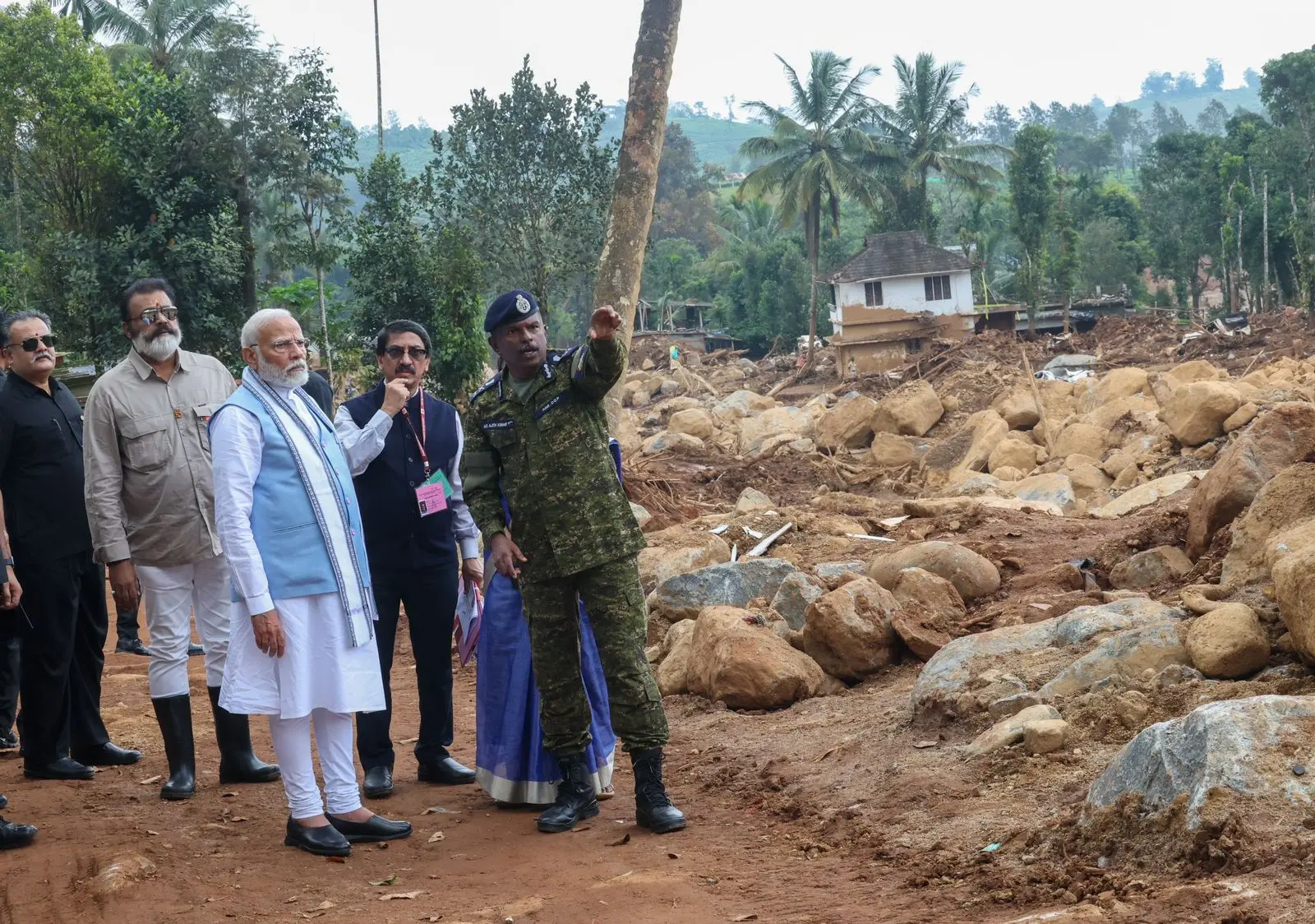 Prime Minister Narendra Modi visiting the landslide-hit areas in Wayanad | Photo: ANI