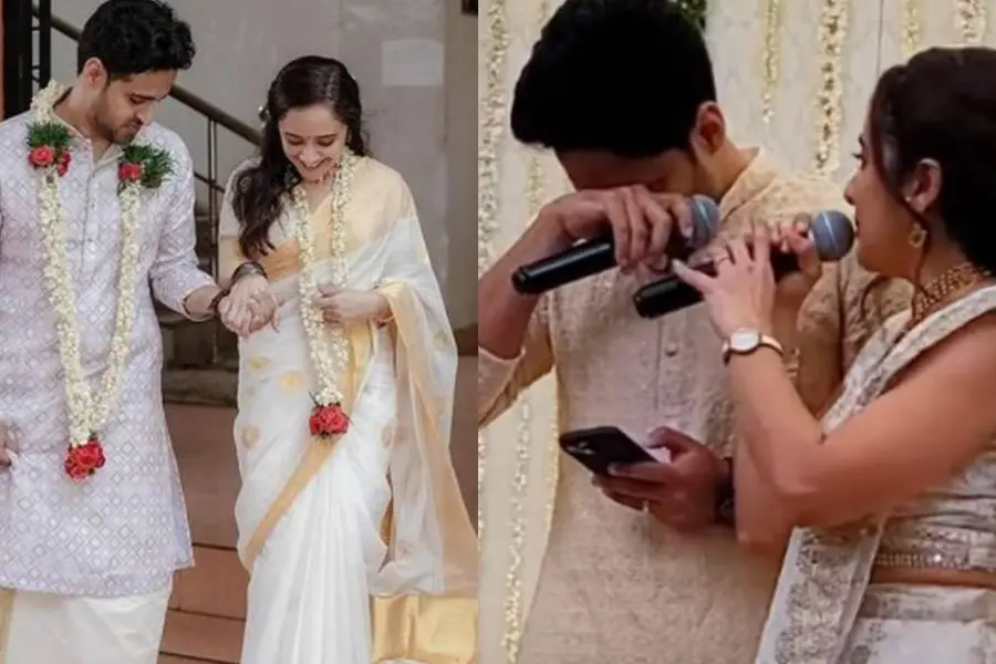 He will make me cry... Anju Joseph comforts husband Adithya as he sobs during reception | WATCH