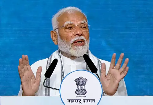 Prime Minister Narendra Modi speaks during the foundation stone laying and inauguration ceremony of multiple developmental projects, in Mumbai | Photo: PTI