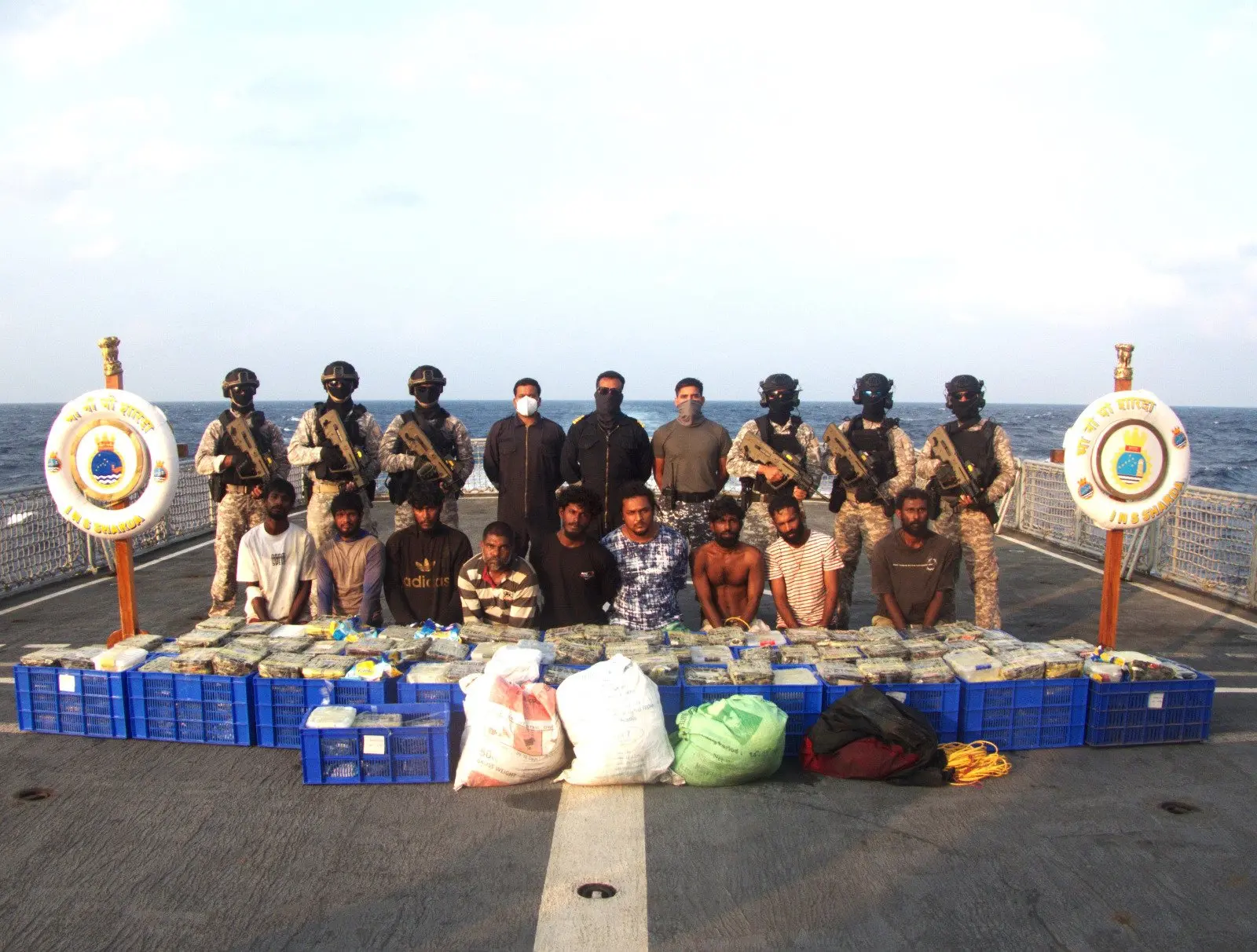 Navy personnel with the seized 500 kg of Crystal Meth on board | Photo: X / SpokespersonNavy