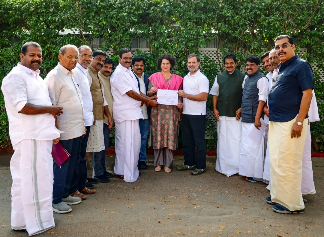Congress leaders Rahul Gandhi, K C Venugopal and other leaders from Wayanad handing over the Wayanad parliamentary by-election certificate to Priyanka Gandhi in New Delhi on Wednesday,