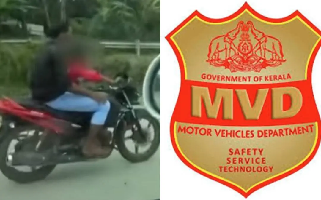 കുട്ടിയെക്കൊണ്ട് ബൈക്കോടിപ്പിക്കുന്നതിന്റെ വീഡിയോ ദൃശ്യം, എംവിഡിയുടെ ലോഗോ | Screengrab, Special arranged