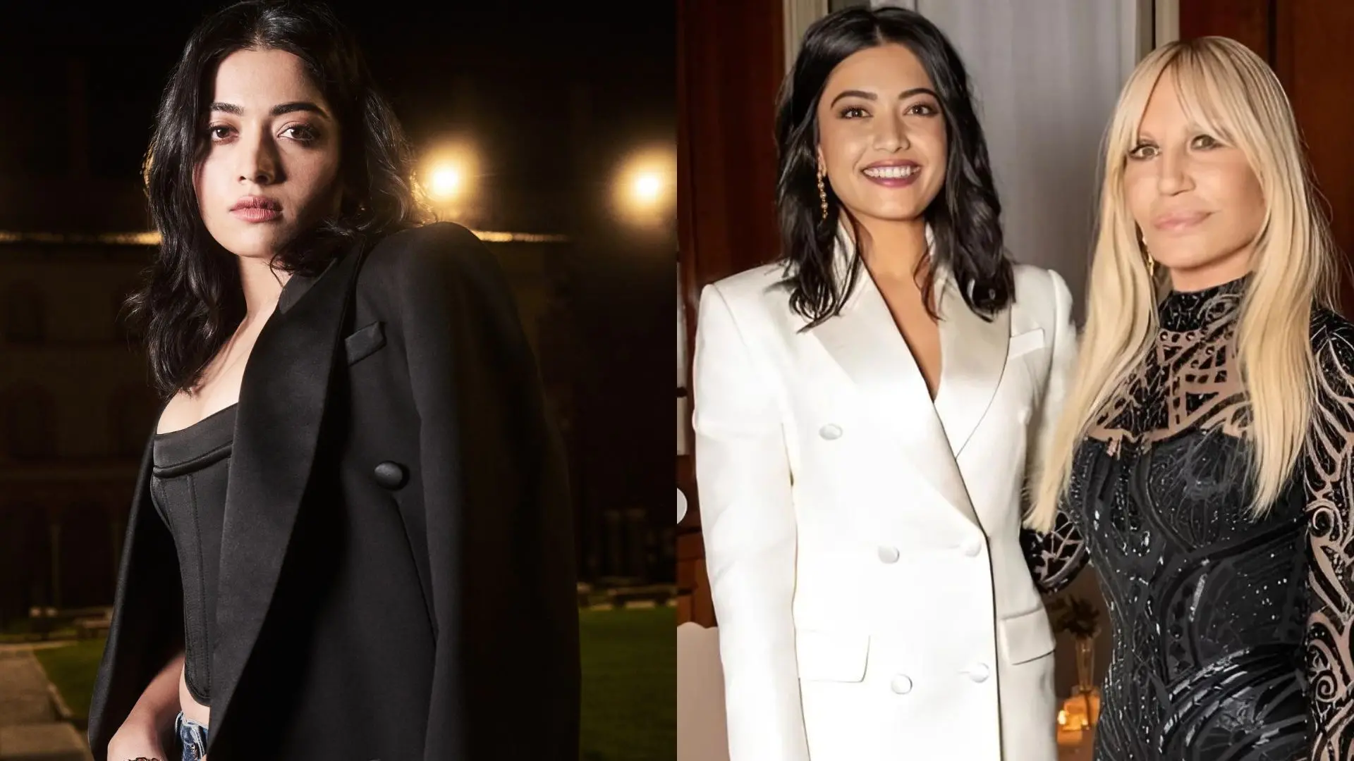 Rashmika posing for 'Versace', Rashmika with Donatella Versace | Photo: facebook.com/versace, instagram.com/donatella_versace/
