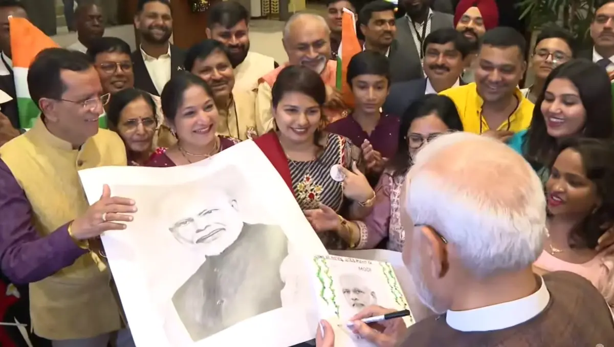 Prime Minister Narendra Modi being welcomed by members of the Indian community upon his arrival, in Georgetown, Guyana | Photo: PTI