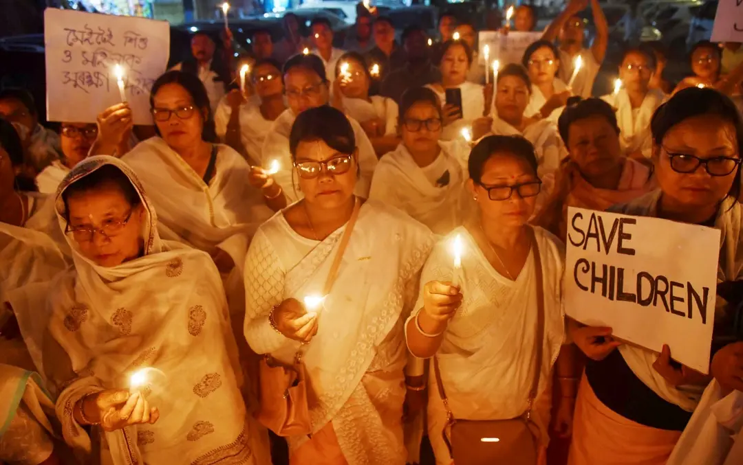 Members of Manipuri Sahitya Parishad Assam take part in a protest against the recent killing of three women and three children in Manipur's Jiribam, in Guwahati | Photo: PTI