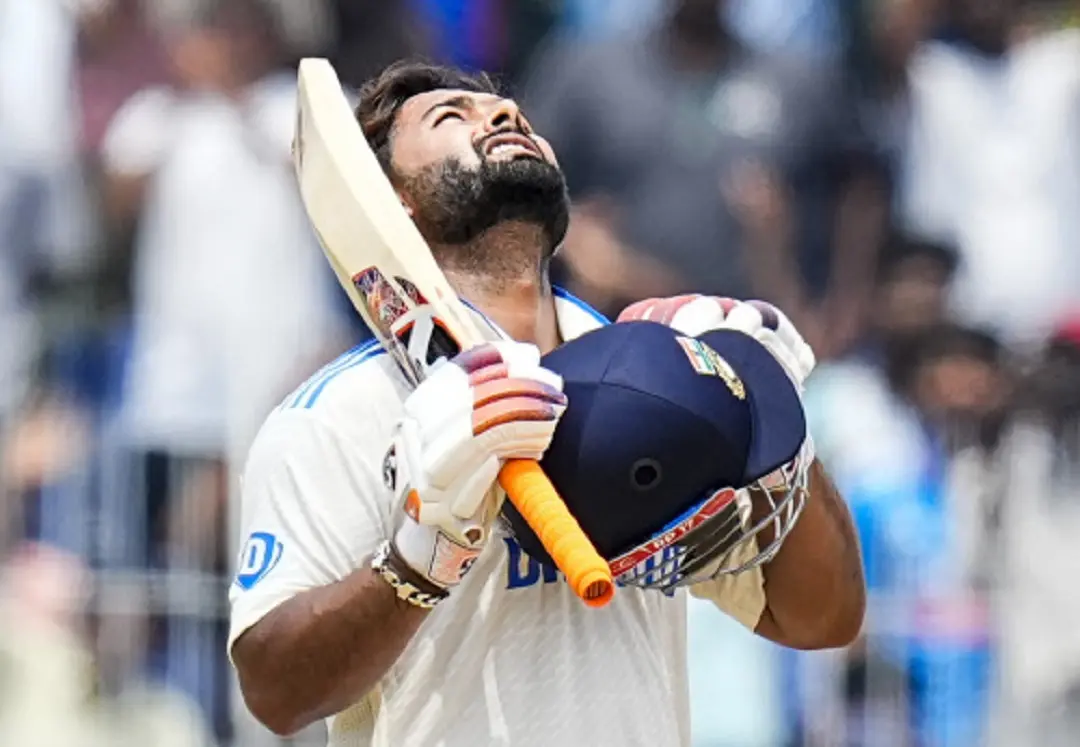 Rishabh Pant celebrates his century on the third day of the first test cricket match between India and Bangladesh, at the MA Chidambaram Stadium in Chennai on Saturday. | Photo: PTI