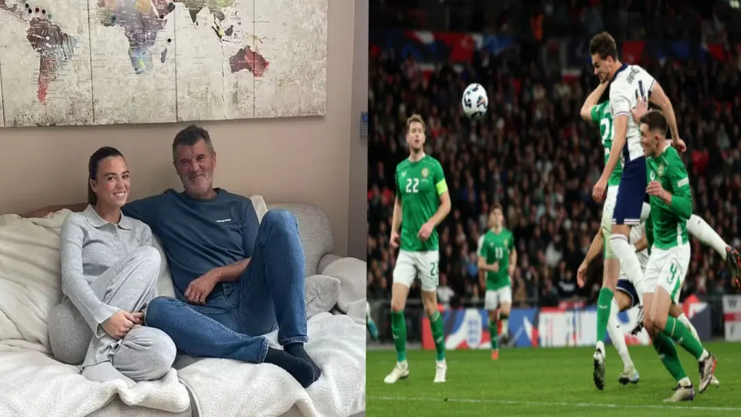 From (L) Leah and father Roy Keane; England's defender #16 Taylor Harwood-Bellis scores the team's fifth goal during the UEFA Nations League. | Photo: X/beckybellisx|Agencies