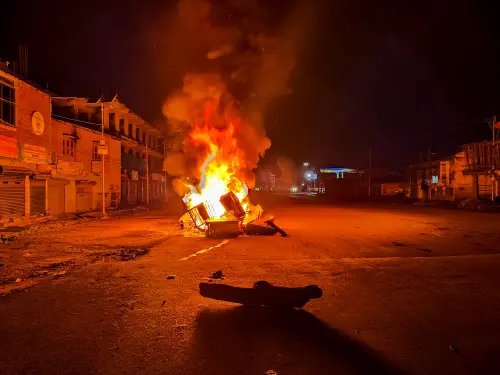 Tyres and construction materials set on fire by miscreants amid ongoing ethnic violence in Manipur, in Imphal East district, Friday, June 16, 2023 |Photo: PTI