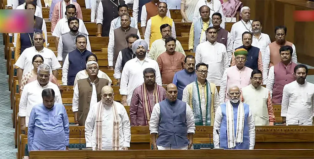 File photo of Prime Minister Narendra Modi, Union Ministers and NDA MPs during the national song after the first session of the 18th Lok Sabha adjourned sine die, in New Delhi on Tuesday.