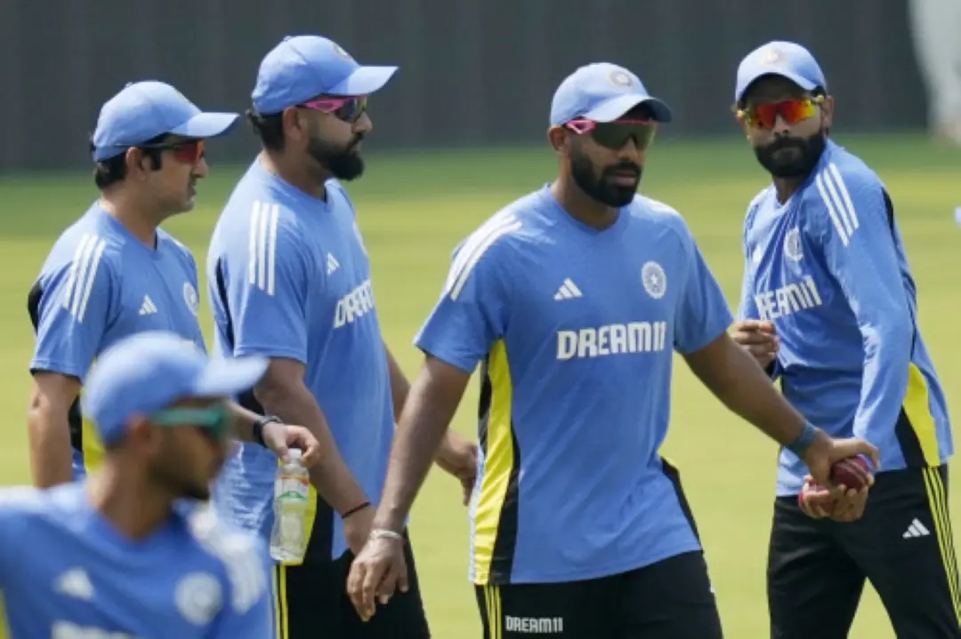 India's coach Gautam Gambhir, left, captain Rohit Sharma, second left, Jasprit Bumrah, second right and Ravindra Jadeja attend a practice session. | File Photo: AP