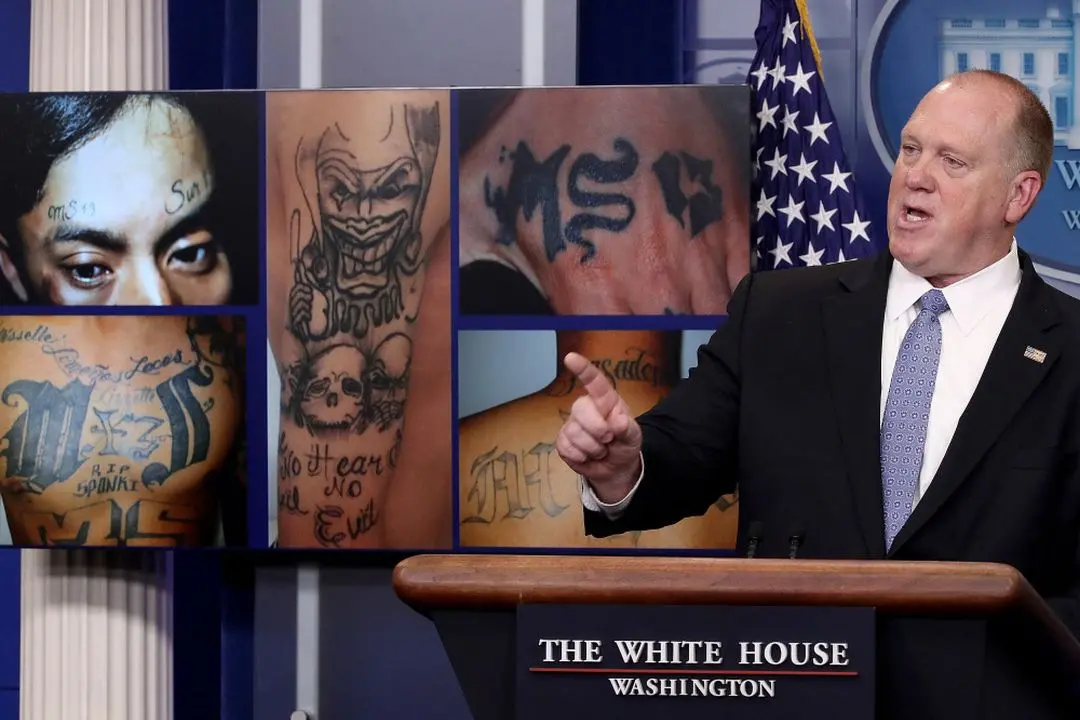 File photo shows Tom Homan, then Director of Immigration and Customs Enforcement, answering questions in front of gang related photos from the MS-13 gang during a daily briefing at the White House July 27, 2017 in Washington, DC