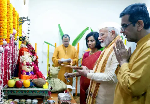 Prime Minister Narendra Modi attends 'Ganpati Poojan' at the residence of Chief Justice of India DY Chandrachud, in New Delhi | Photo:  PTI