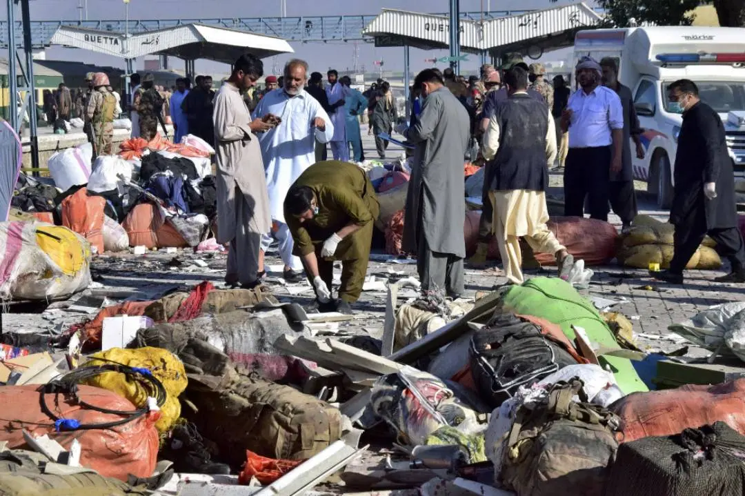 Passengers' belongings are seen scattered on the platform after an explosion at a railway station in Quetta, in Pakistan