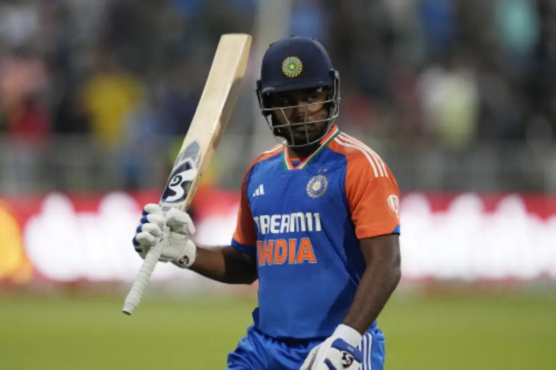 Sanju Samson leaves the field after being dismissed by South Africa's bowler Nqabayomzi Peter, for 107 runs during the T20 International cricket match between South Africa and India, at Kingsmead stadium in Durban. | Photo: AP