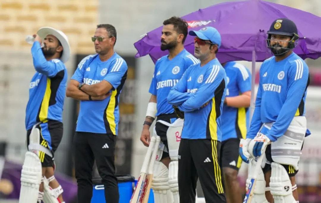Indian Captain Rohit Sharma with coach Gautam Gambhir, Chief selector Ajit Agarkar, teammates Virat Kohli and Rishabh Pant during a training session. | File Photo: PTI